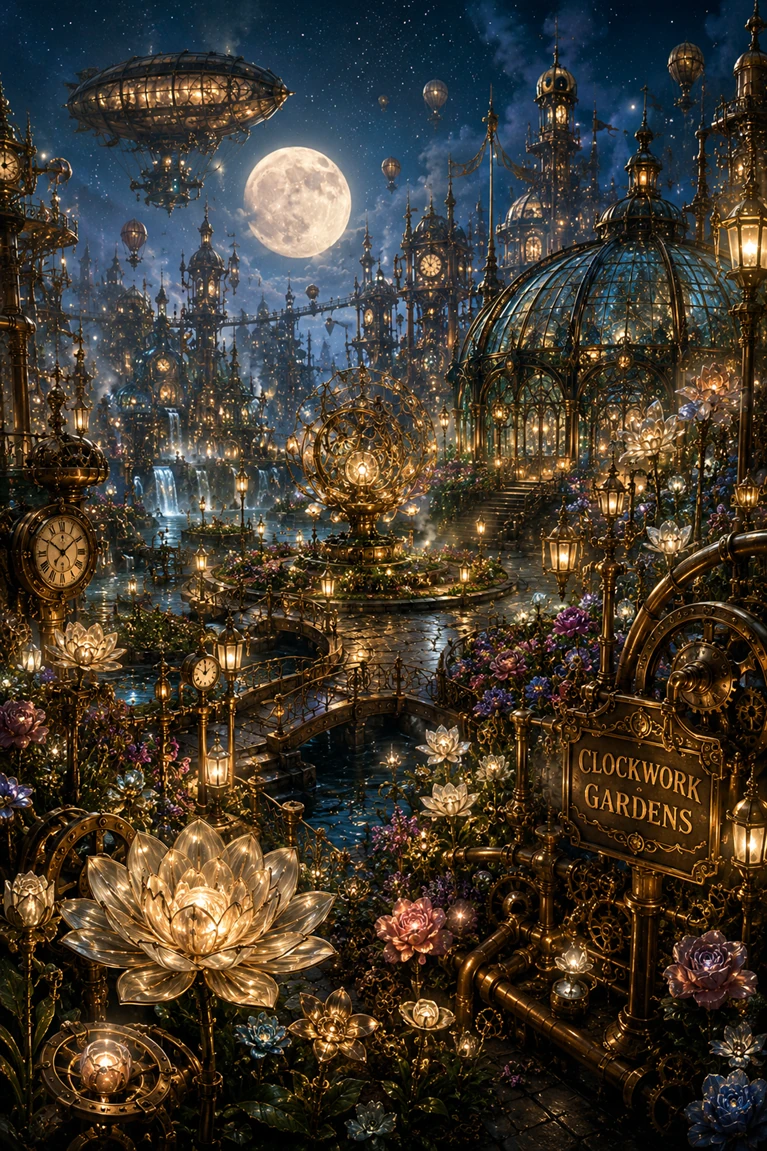 Night view of the Clockwork Gardens, with glass conservatories, brass walkways, luminous mechanical flowers, canals, clocks, and airships beneath a full moon.