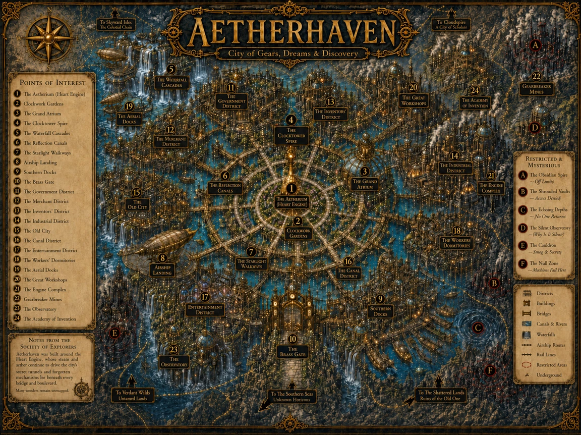 Illustrated Map of Aetherhaven.