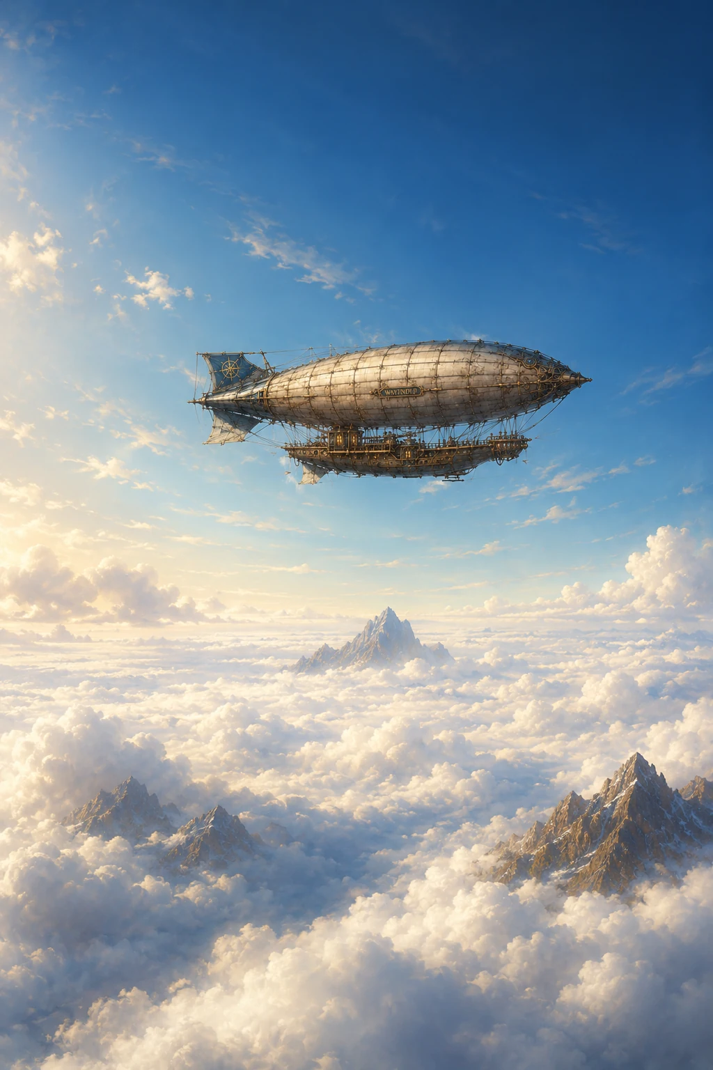 The Wayfinder, a brass explorer airship with a silver envelope, sailing above sunlit clouds and mountain peaks.
