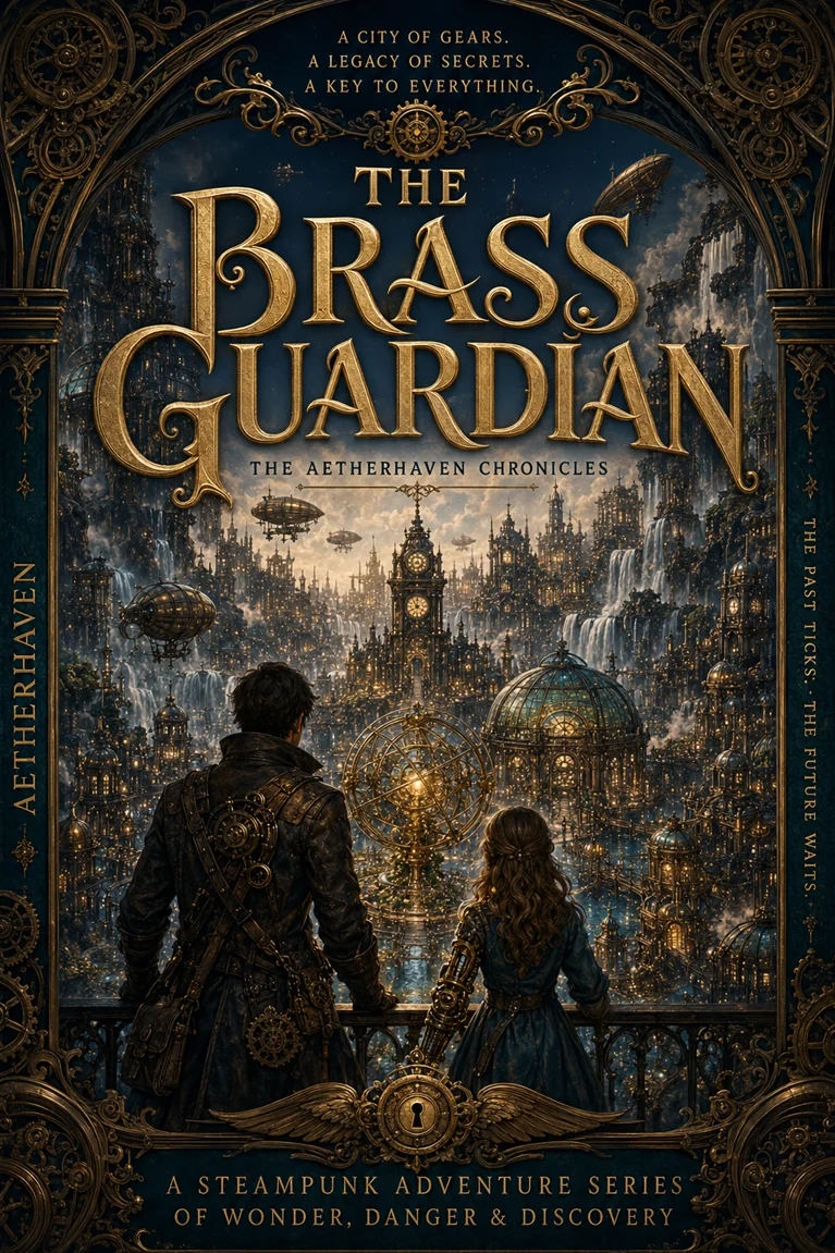 Cover artwork showing Elias and Amelia Hawthorne overlooking the brass-lit city of Aetherhaven.